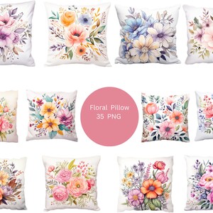35 oreillers floraux Clipart aquarelle, clipart floral, fichiers numériques PNG sur fond transparent, sublimation, usage commercial