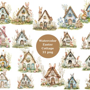Aquarell Ostern Cottage Clipart, PNG digitale Dateien auf transparentem Hintergrund, scrapbook, Einladungen