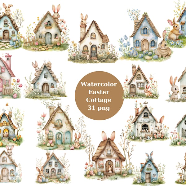 Watercolor Easter Cottage Clipart, PNG digital files on a transparent background, scrapbook, invitations