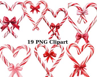 19 Heart Shaped Candy Canes Clipart, Christmas Clipart, PNG individual images on transparent background, sublimation