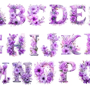 Aquarel bloemen licht paars alfabet clipart, bloemen alfabet, transparante achtergrond, hoge kwaliteit, clipart, 12 x 12, commercieel gebruik