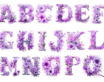 Watercolor Floral Light Purple Alphabet Clipart , Floral Alphabet, transparent background, high quality, clipart, 12x12, commercial use