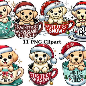 Santa Labradors in Festive Mugs Clipart, Christmas Clipart, PNG individual images on transparent background, sublimation