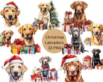 Watercolor Christmas Labradors Clipart, PNG digital files on transparent background, sublimation, commercial use