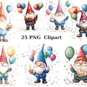 25 gelukkige verjaardag kabouters aquarel clipart, kabouter clipart, individuele png-afbeeldingen op transparante achtergrond, sublimatie