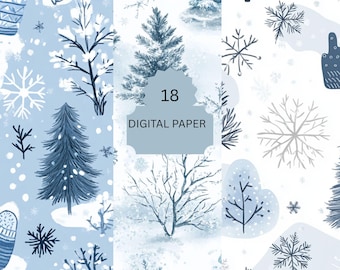 May include: Digital paper set with winter scenes, including snowflakes, trees, and mittens in blue and white. The text "18 DIGITAL PAPER" is on a light blue banner. The design evokes a winter and holiday theme.