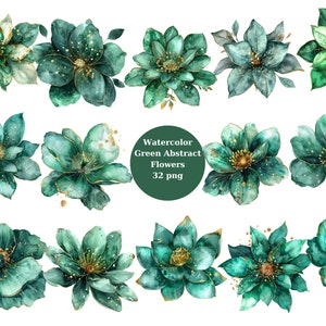 Aquarell Grün Abstrakte Blumen Clipart, PNG Einzelbilder auf transparentem Hintergrund, Sublimation, kommerzielle Nutzung