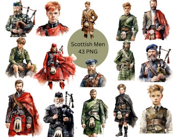 Può includere: Una collezione di illustrazioni ad acquerello che ritraggono uomini con kilt e abiti tradizionali scozzesi. Le illustrazioni presentano diverse pose ed espressioni, mostrando la diversità della moda maschile scozzese.