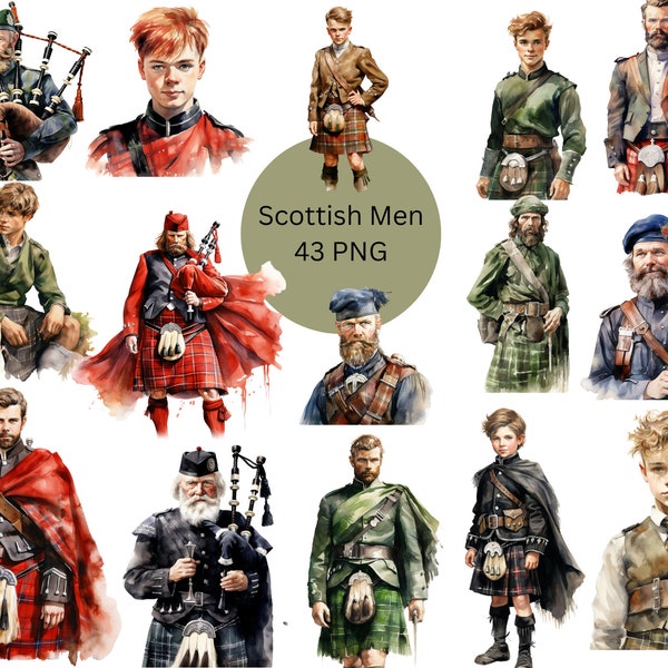 Watercolor Scottish Men Clipart, Scotsmen PNG, Scotland, PNG digital files on transparent background, sublimation design, scrapbook