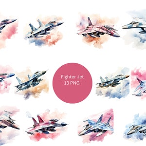 Puede incluir: Ilustraciones en acuarela de aviones de combate en varios colores, incluyendo rosa, azul y gris. Cada avión está representado sobre un fondo de nubes coloridas y abstractas. La imagen incluye el texto "Fighter Jet 13 PNG".