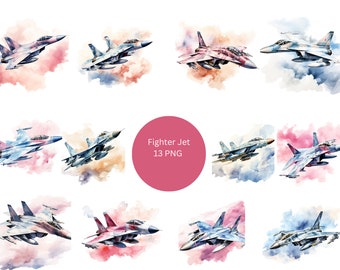 Puede incluir: Ilustraciones en acuarela de aviones de combate en varios colores, incluyendo rosa, azul y gris. Cada avión está representado sobre un fondo de nubes coloridas y abstractas. La imagen incluye el texto "Fighter Jet 13 PNG".