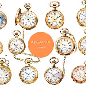 20 Gold Taschenuhren Aquarell Clipart, PNG PNG Dateien auf transparentem Hintergrund, Sublimation
