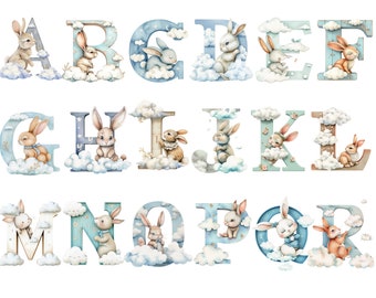 Rabbit and Clouds Alphabet Watercolor, Giraffe Letters, transparent background, high quality, clipart, 12x12, commercial use