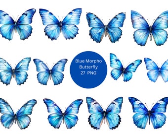 Pode incluir: Um conjunto de 27 imagens digitais que apresentam borboletas morpho azuis em várias poses. As borboletas são representadas em um estilo de aquarela, com detalhes intrincados e cores vibrantes.