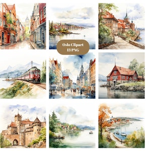 Imágenes prediseñadas de acuarela de Oslo, imágenes prediseñadas de Noruega, imágenes prediseñadas de ciudades, imágenes individuales PNG sobre fondo transparente, sublimación