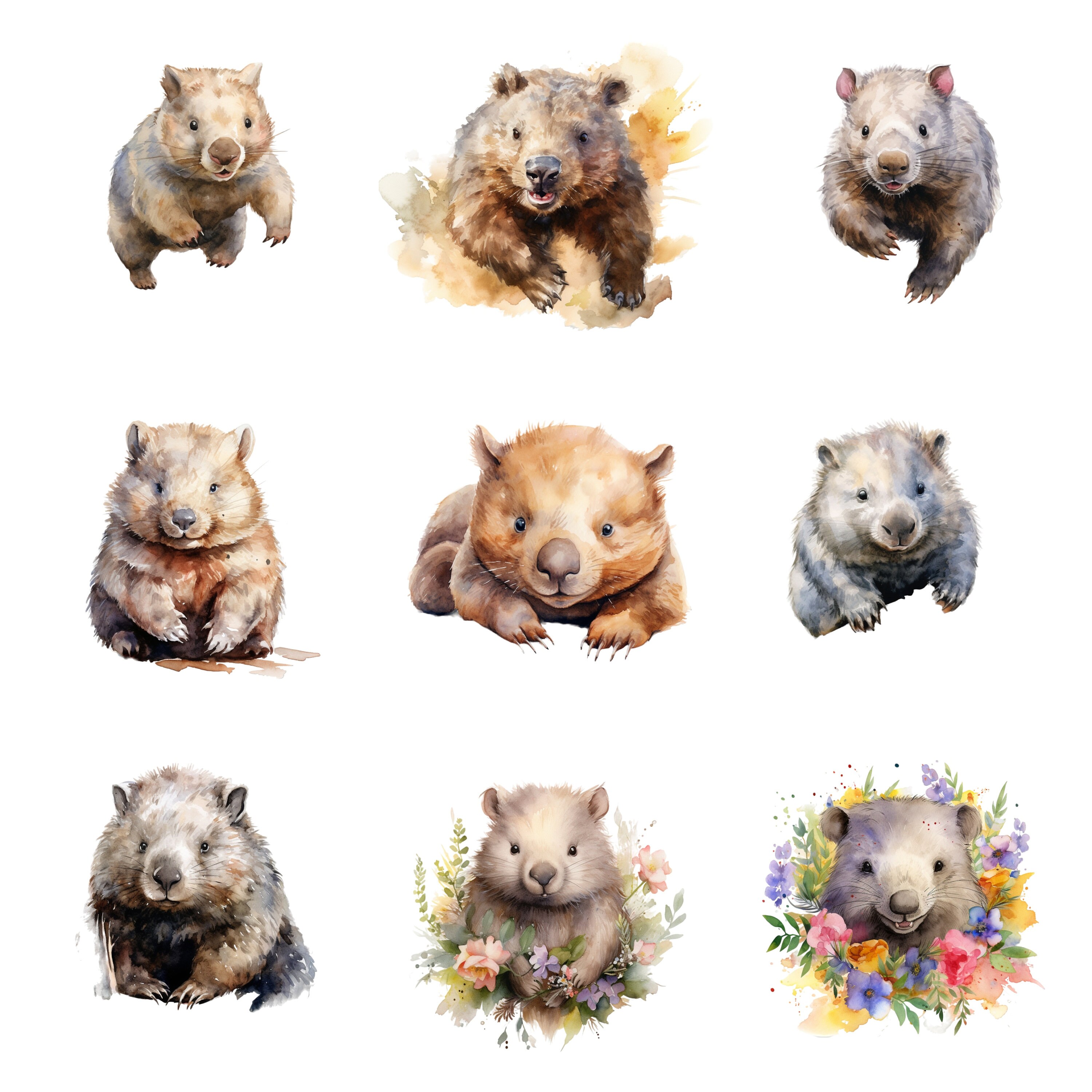 Wombat Bitmap Watercolor Wombats Clipart, PNG Digital Files on a Transparent ...