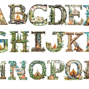 Clipart alphabet camping, images individuelles PNG sur fond transparent, sublimation, usage commercial