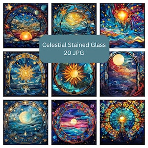 Celestial Stained Glass Clipart, Digital Paper, Wallpaper, commercial use