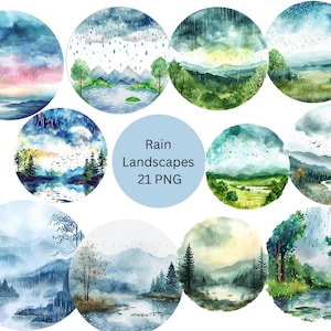 Puede incluir: Un conjunto de 21 ilustraciones de acuarela de paisajes lluviosos. Cada ilustración presenta un marco circular con una escena diferente, incluyendo montañas, bosques, ríos y cielos con nubes y lluvia. Las ilustraciones son perfectas para agregar un toque de naturaleza a tus diseños.
