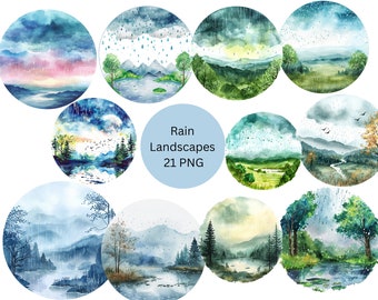 Watercolor Rain Landscapes Round Frames Clipart, PNG individual images, commercial use, transparent background, sublimation