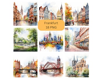 Acuarela Frankfurt Clipart, archivos digitales PNG sobre fondo transparente, álbum de recortes, invitaciones, uso comercial
