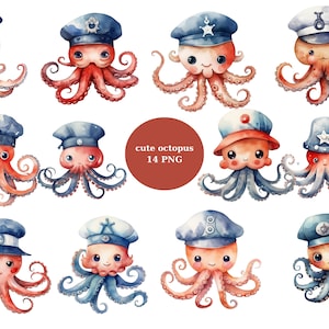 14 Cute Octopuses Watercolor Clipart, Kids Clipart, PNG individual images on transparent background, sublimation