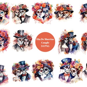 34 Dia De Muertos Paar Aquarell Clipart, Skelett Paar, PNG digitale Dateien auf transparentem Hintergrund, Sublimation, Tag der Toten