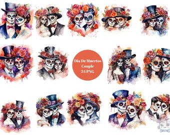 May include: Watercolor illustrations of Day of the Dead couples. Each illustration features a man and woman in traditional Mexican attire, with sugar skull makeup and floral headpieces. The illustrations are set against a colorful background with splashes of paint.