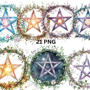 21 Floral Pentagram Watercolor Clipart, arquivos digitais PNG em fundo transparente, sublimação, uso comercial