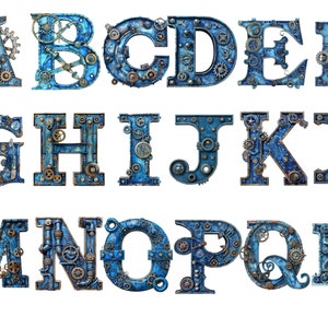 Blue Steampunk Alphabet Clipart, imágenes individuales PNG sobre fondo transparente, sublimación, uso comercial