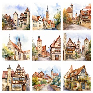 May include: A watercolor painting of a European village with colorful buildings, cobblestone streets, and lush greenery. The buildings have pointed roofs, arched windows, and decorative details. The painting captures the charm and beauty of a traditional European village.