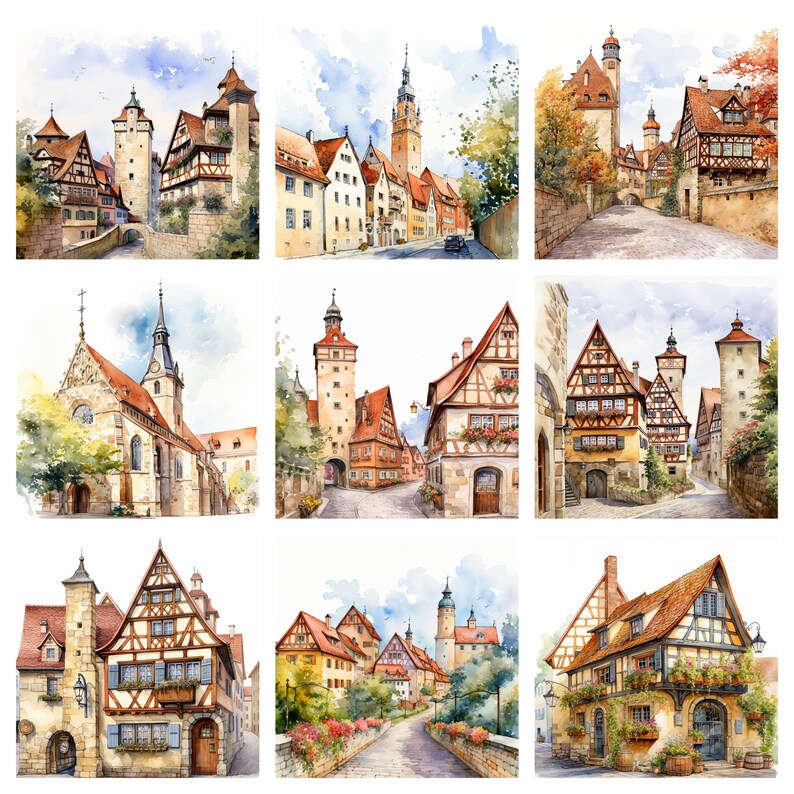 May include: A watercolor painting of a European village with colorful buildings, cobblestone streets, and lush greenery. The buildings have pointed roofs, arched windows, and decorative details. The painting captures the charm and beauty of a traditional European village.