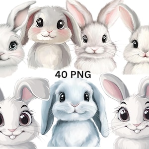 Bunny Clipart Bundle, 40 Cute Rabbit Faces PNG,Cartoon Bunny Stickers for Easter Crafts, Kids Art, Sublimation