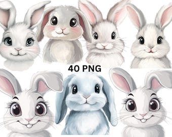 Bunny Clipart Bundle, 40 Cute Rabbit Faces PNG,Cartoon Bunny Stickers for Easter Crafts, Kids Art, Sublimation