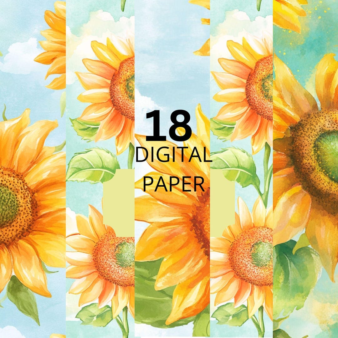 Sunflower Digital Paper – Watercolor Sunflowers and Sky Backgrounds ...