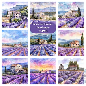 Aquarel Provence Frankrijk landschap clipart, lavendelvelden, individuele PNG-afbeeldingen op transparante achtergrond, sublimatie, commercieel gebruik