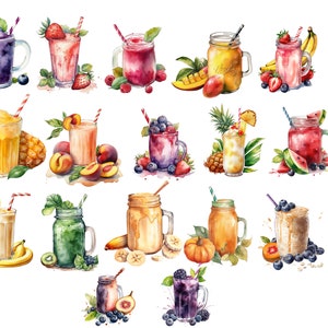 Smoothie Bundle, Aquarell, 17 leckere PNG Bilder, transparenter Hintergrund, Clipart, hohe Qualität, 12x12, kommerzielle Nutzung
