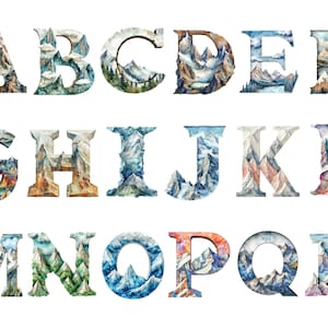 Aquarell Berg Alphabet Clipart, PNG Einzelbilder auf transparentem Hintergrund, Sublimation, kommerzielle Nutzung