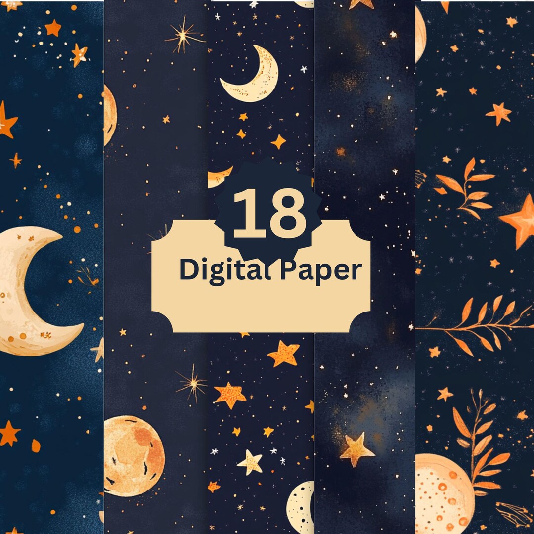 Celestial Digital Paper, 18 Moon and Stars Night Sky Patterns, Dark ...