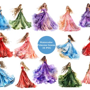 Aquarell Prinzessin Kleider Clipart, PNG digitale Dateien auf transparentem Hintergrund, Sublimation, kommerzielle Nutzung