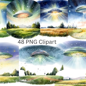 48 UFOs Watercolor Clipart, PNG individual images on transparent background, sublimation, commercial use