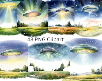48 OVNIS Acuarela Clipart, imágenes PNG individuales sobre fondo transparente, sublimación, uso comercial