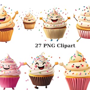 27 Cupcakes felices, imágenes prediseñadas de acuarela, imágenes prediseñadas caprichosas, imágenes PNG individuales sobre fondo transparente, sublimación