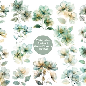 Acuarela 29 Imágenes prediseñadas de flores verdes abstractas, imágenes individuales PNG sobre fondo transparente, sublimación, uso comercial