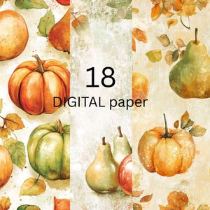 Raccolta di carta digitale con frutta e zucche - Sfondi con pere autunnali e foglie autunnali, pacchetto per scrapbooking del Ringraziamento - 18 fogli