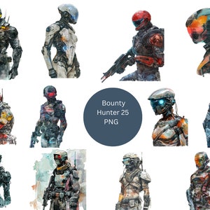 25 Kopfgeldjäger Aquarell Clipart, Sci-Fi Clipart, PNG einzelne Bilder auf transparentem Hintergrund, Sublimation