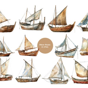 31 Clipart aquarela de barcos Dhow, clipart náutico, imagens individuais PNG em fundo transparente, sublimação