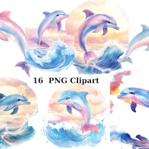 16 cliparts aquarelle dauphins pastel, clipart animaux, images individuelles PNG sur fond transparent, sublimation