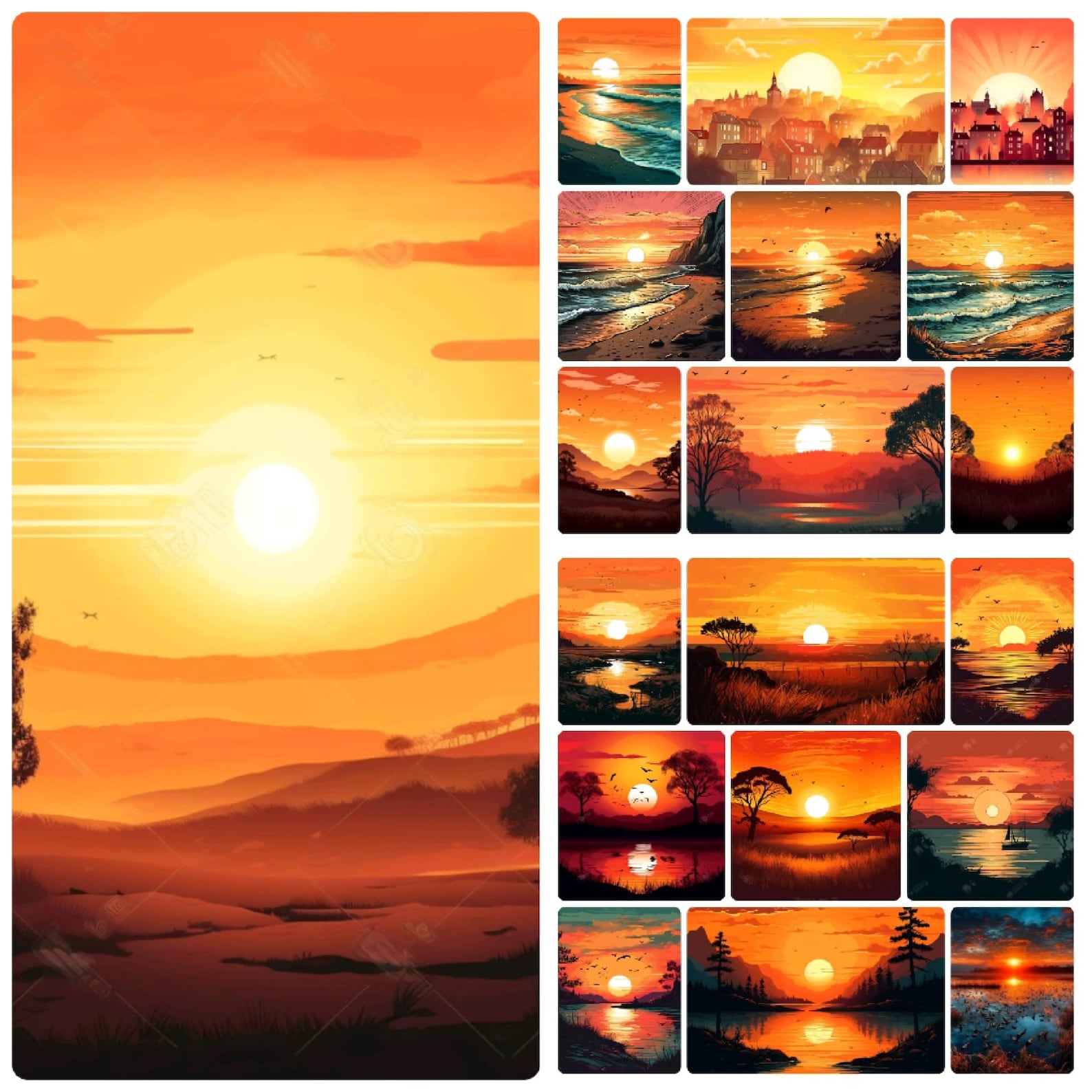 23 Sunrise Sunset Portraits PNG Files, Half Watercolour, Illustration ...