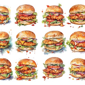 Aquarell Burger Clipart, 27 saftige PNG-Bilder, hohe Qualität, transparenter Hintergrund, 12x12, kommerzielle Nutzung Bild 2